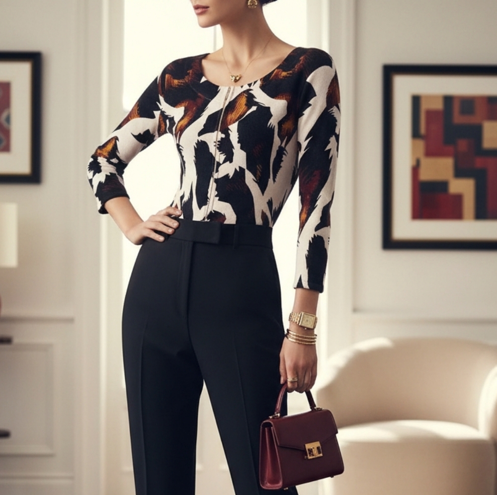 Zip Front Sweater White Brown Size L